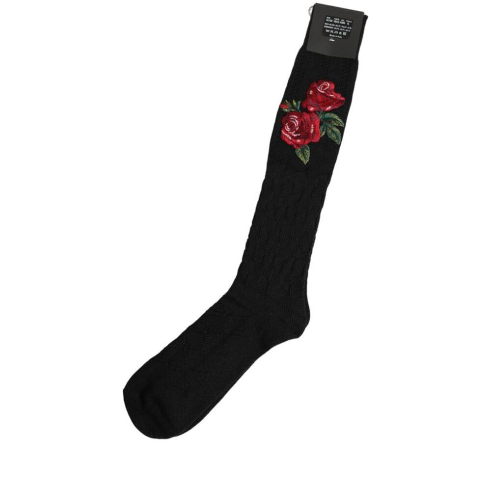 Dolce & Gabbana Black Wool Floral Over The Calf Accessory Women's Socks